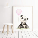 Watercolor panda print with pink balloon for  baby girls room decor