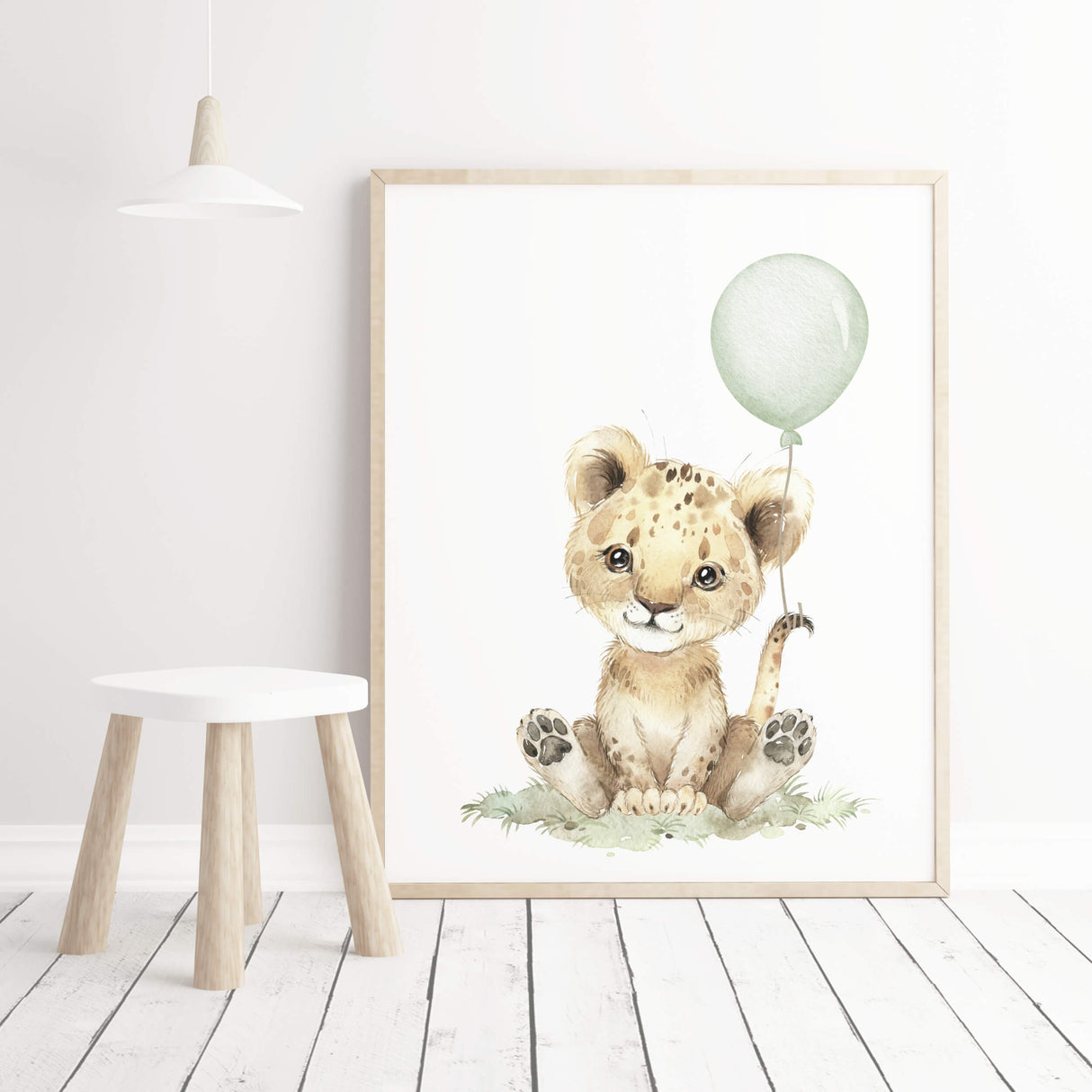 Watercolor lion print with sage green balloon for gender neutral nursery decor, toddler room decor, baby boys room decor, girls room decor, boho room decor