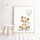 Watercolor lion print with sage green balloon for gender neutral nursery decor, toddler room decor, baby boys room decor, girls room decor, boho room decor