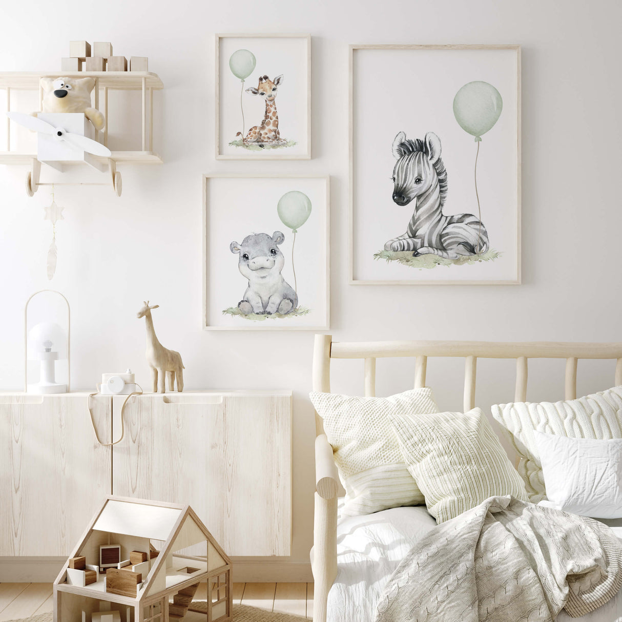 Watercolor safari print with sage green balloon for gender neutral nursery decor, toddler room decor, baby boys room decor, girls room decor, boho room decor, animals: giraffe, zebra, hippo