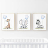 Watercolor safari animal printable with light blue balloon for  toddler room decor, baby boys room decor, toddler room decor, boho room decor, animals: giraffe, elephant, zebra.