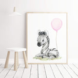 Watercolor zebra print with pink balloon for  baby girls room decor