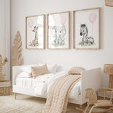 Watercolor safari animal print with pink balloon for  baby girls room decor, animals: zebra, giraffe, elephant