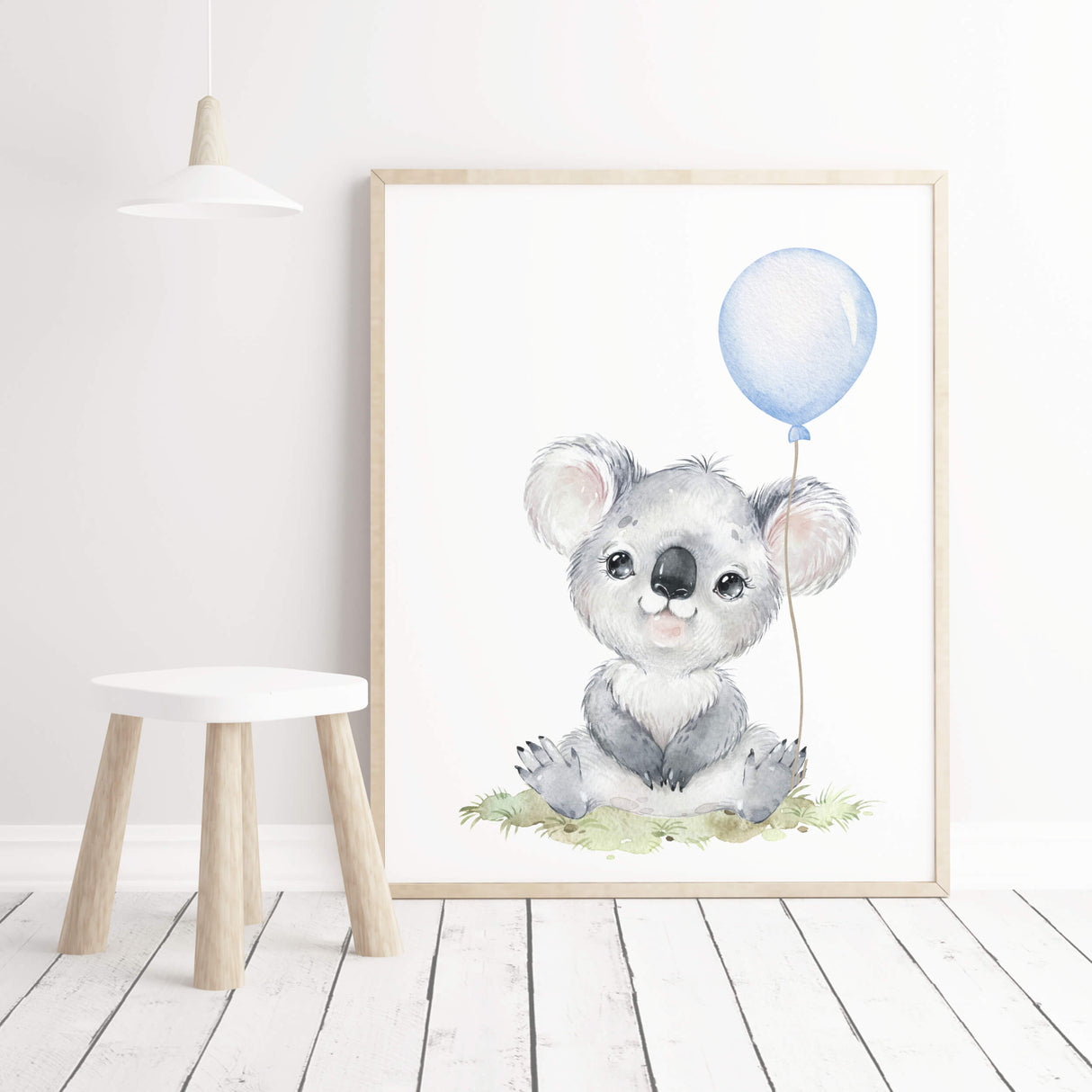 Watercolor koala print with light blue balloon for  toddler room decor, baby boys room decor, toddler room decor, boho room decor