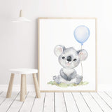 Watercolor koala print with light blue balloon for  toddler room decor, baby boys room decor, toddler room decor, boho room decor