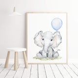 Watercolor elephant print with light blue balloon for  toddler room decor, baby boys room decor, toddler room decor, boho room decor