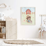 Set of 3 watercolor farm print with brown skin girl, sheep, tractor,horse, duck and cow for baby girls room decor.