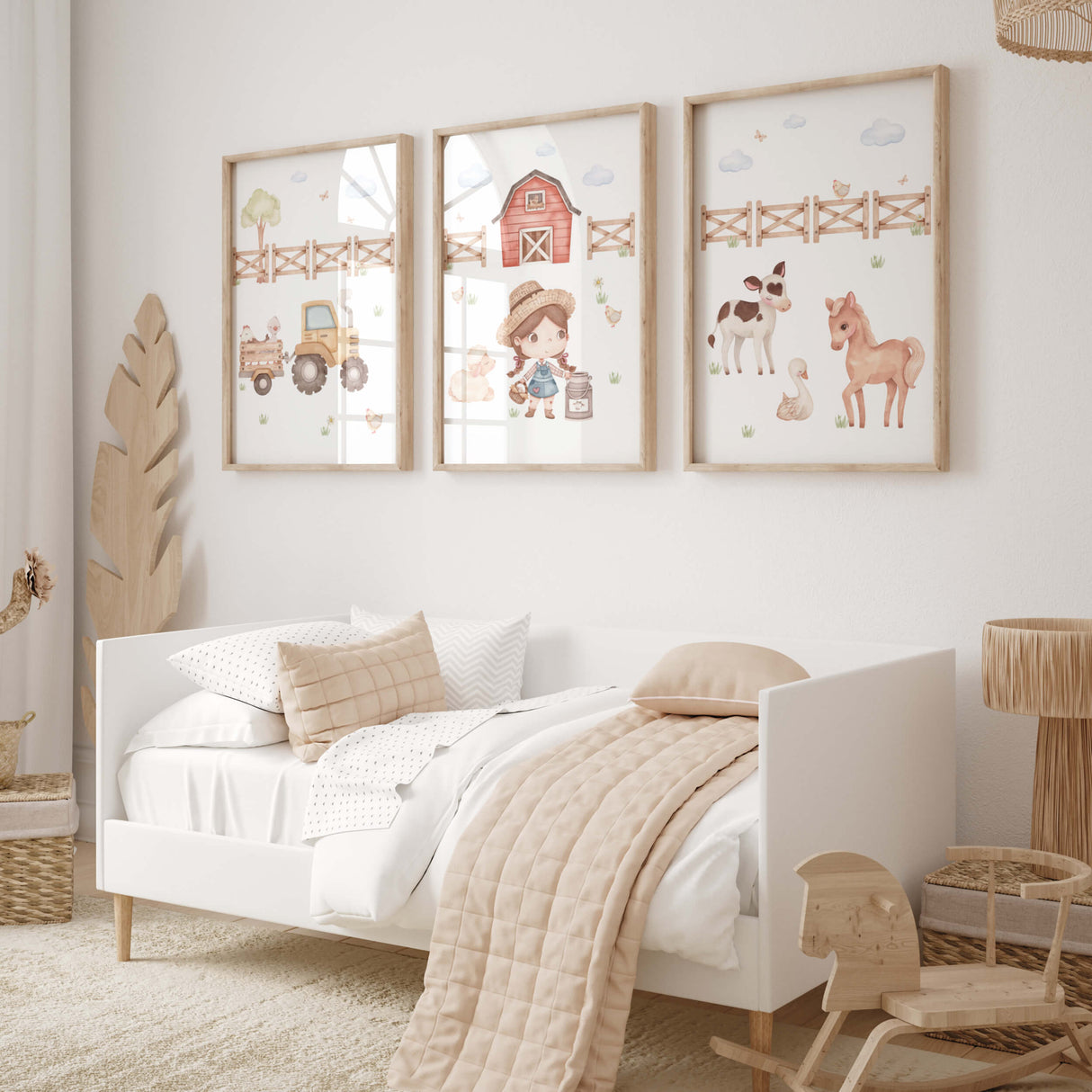 Set of 3 watercolor farm print with farm girl, tractor and farm animals for baby girls room decor.
