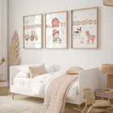 Set of 3 watercolor farm print with farm girl, tractor and farm animals for baby girls room decor.