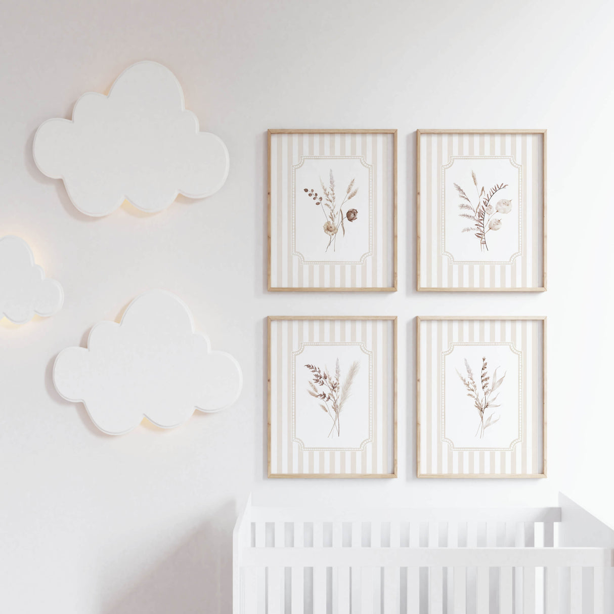 Boho nursery wall decor prints with beige botanical illustrations for instant download.

