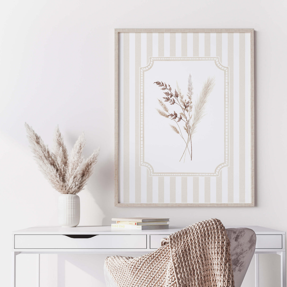 Beige toned dried flower printable wall art set for boho baby room or Scandinavian style home.

