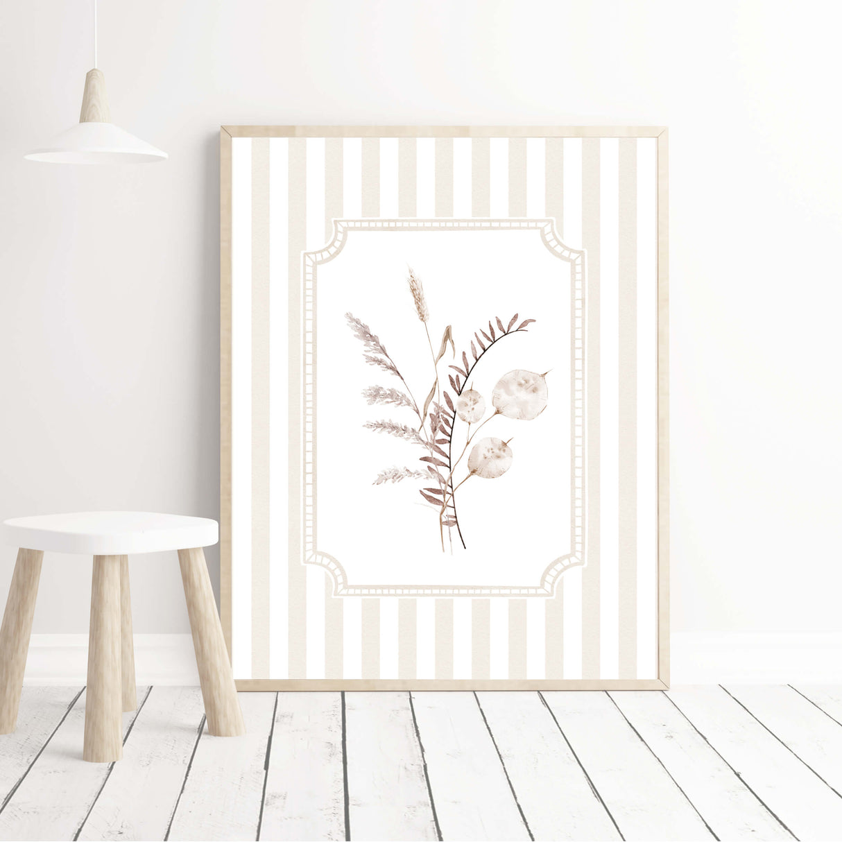 Minimalist botanical beige wall decor set of 4 with light stripes for modern nursery or bedroom.

