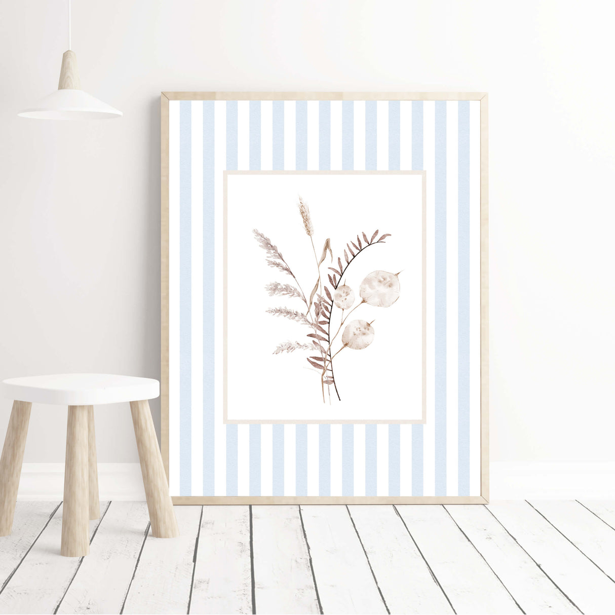 Botanical nursery wall prints with beige flowers and blue stripes

