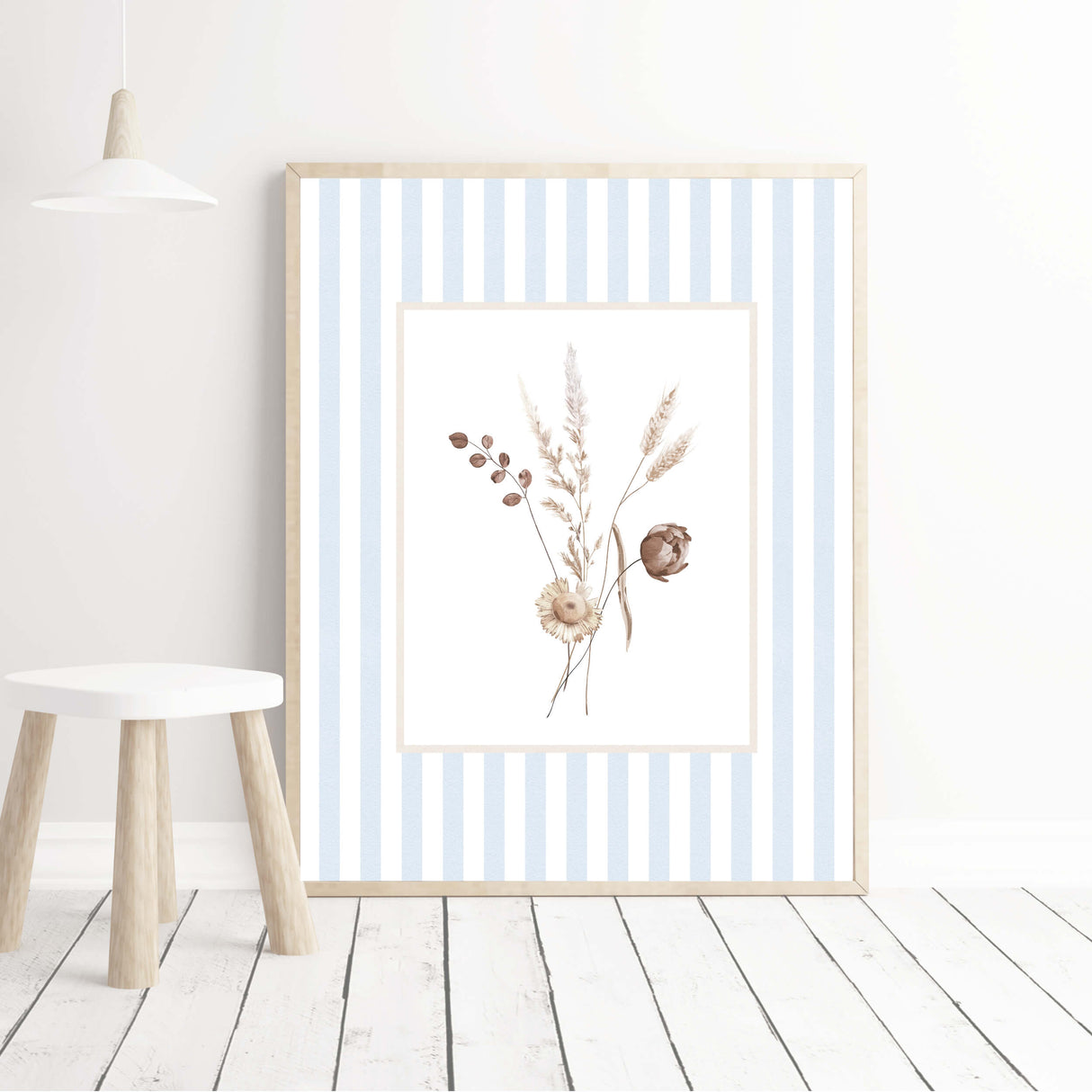 Botanical digital download wall art set for baby room with soft stripe design

