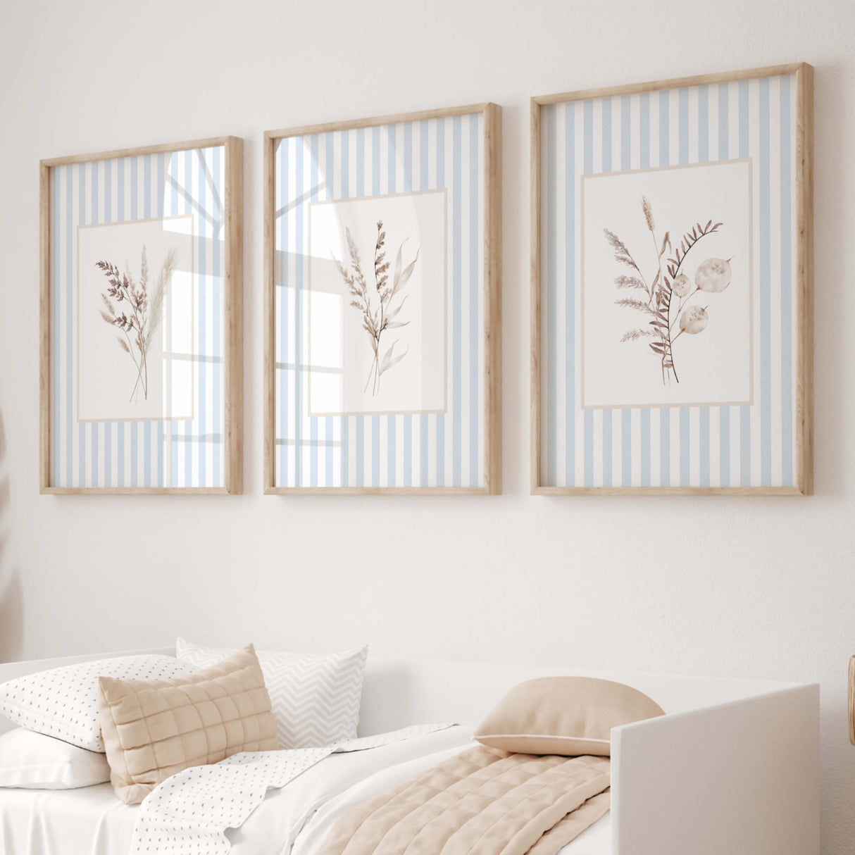 Set of 4 blue striped floral printable wall art for nursery or baby room

