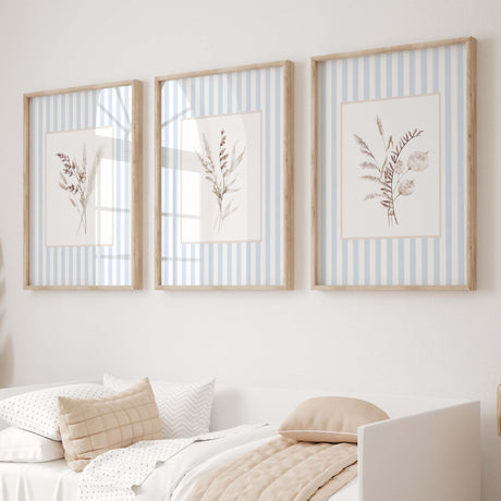 Set of 4 blue striped floral printable wall art for nursery or baby room

