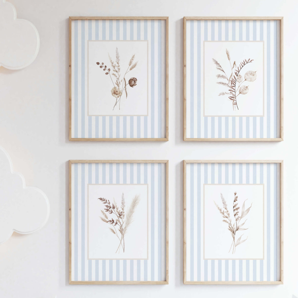 Dried flower botanical printables with soft blue stripe background

