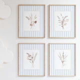 Dried flower botanical printables with soft blue stripe background

