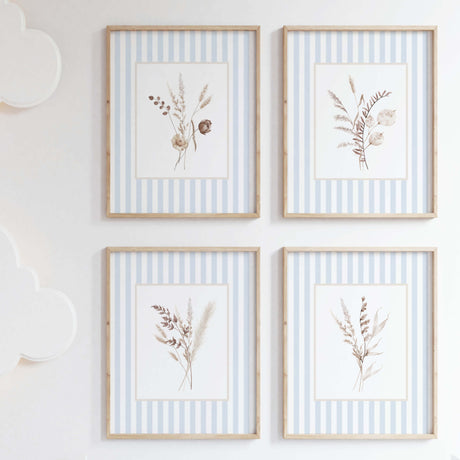 Dried flower botanical printables with soft blue stripe background

