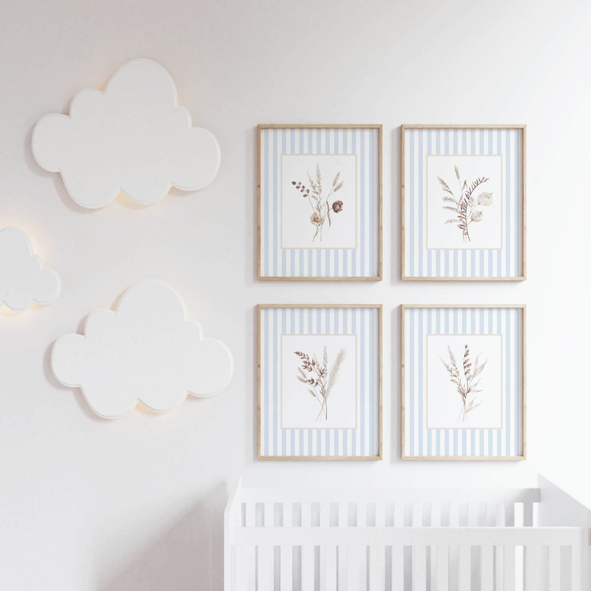 Set of 4 blue striped floral printable wall art for nursery or baby room

