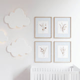 Set of 4 blue striped floral printable wall art for nursery or baby room

