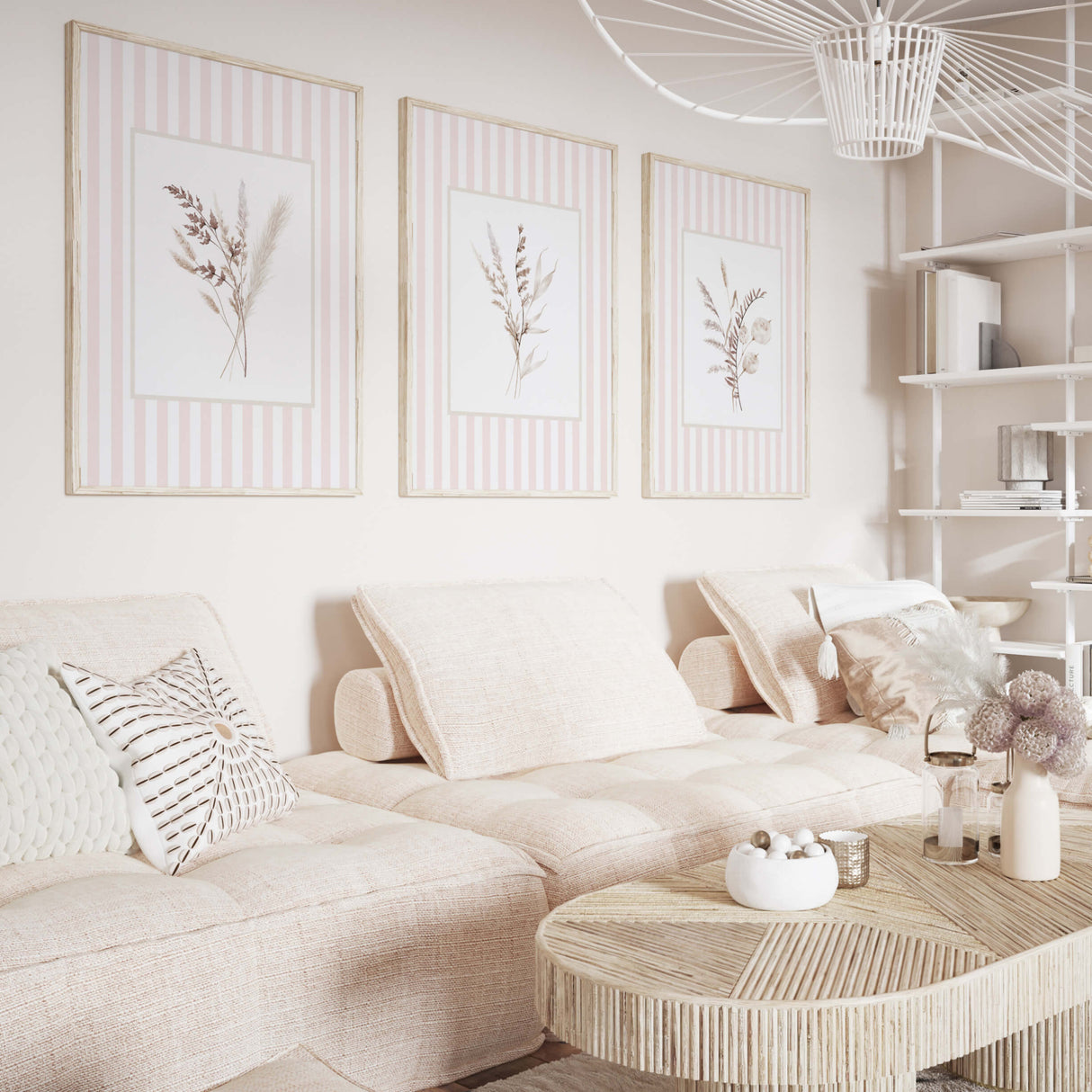 Set of dried botanical illustrations with pastel pink stripe background

