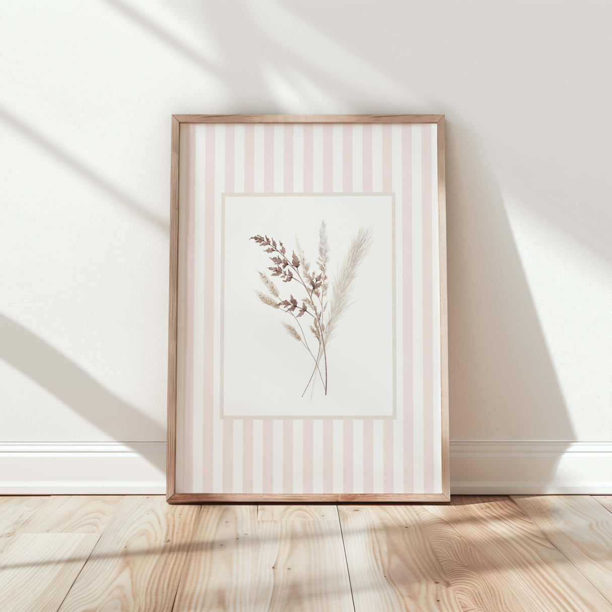 Soft boho nursery printable art set with neutral florals and stripe patterns

