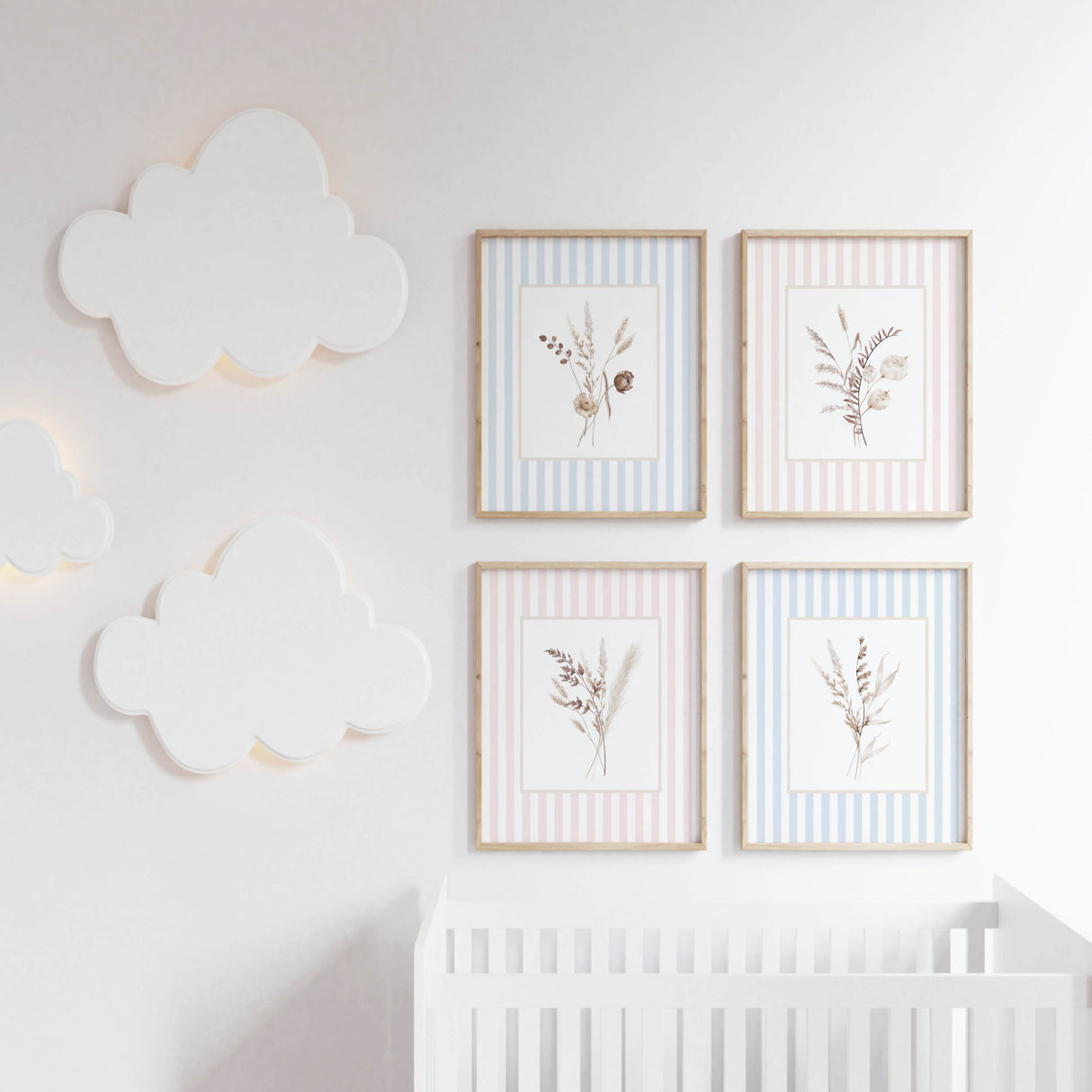 Gender neutral floral nursery printables with blue and pink pastel stripes

