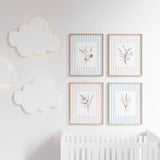 Gender neutral floral nursery printables with blue and pink pastel stripes

