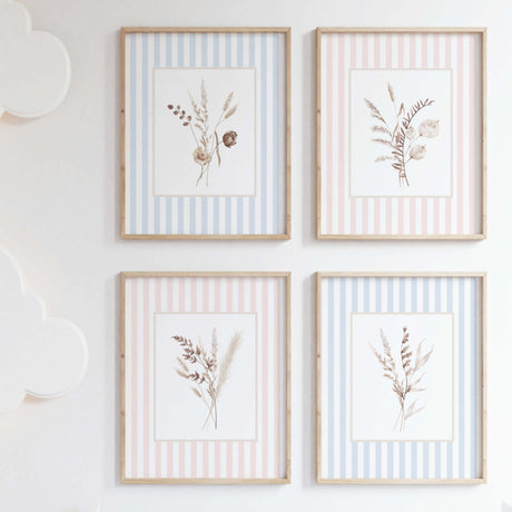 Printable wall art set of 4 with dried flowers on pink and blue striped backgrounds

