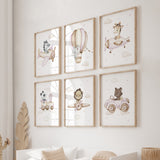 Set of 6 safari animals with airplane, car, train printable for girls nursery decor.