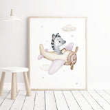 Watercolor zebra with airplane printable in pink beige colors for girls nursery decor.