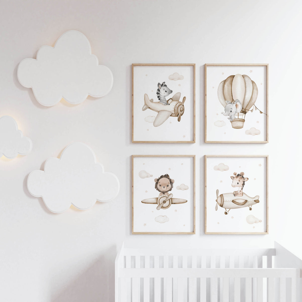 Set of 4 safari animals rint for beige brown nursery decor and gender neutral nursery decor.