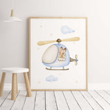 Watercolor bunny with helicopter print for toddler and boys room decor in light blue, yellow, brown colors.