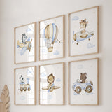 Set of 6 flying safari animals with airplane, hot air balloon, car, train, hot air balloon for toddler and boys room decor in blue, brown and yellow colors.