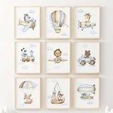 Set of 10 flying safari animals with airplane, car, train, airship, hot air balloon, giraffe, zerbra, lion, elephant print for toddler and boys room decor in light blue, yellow, brown colors.