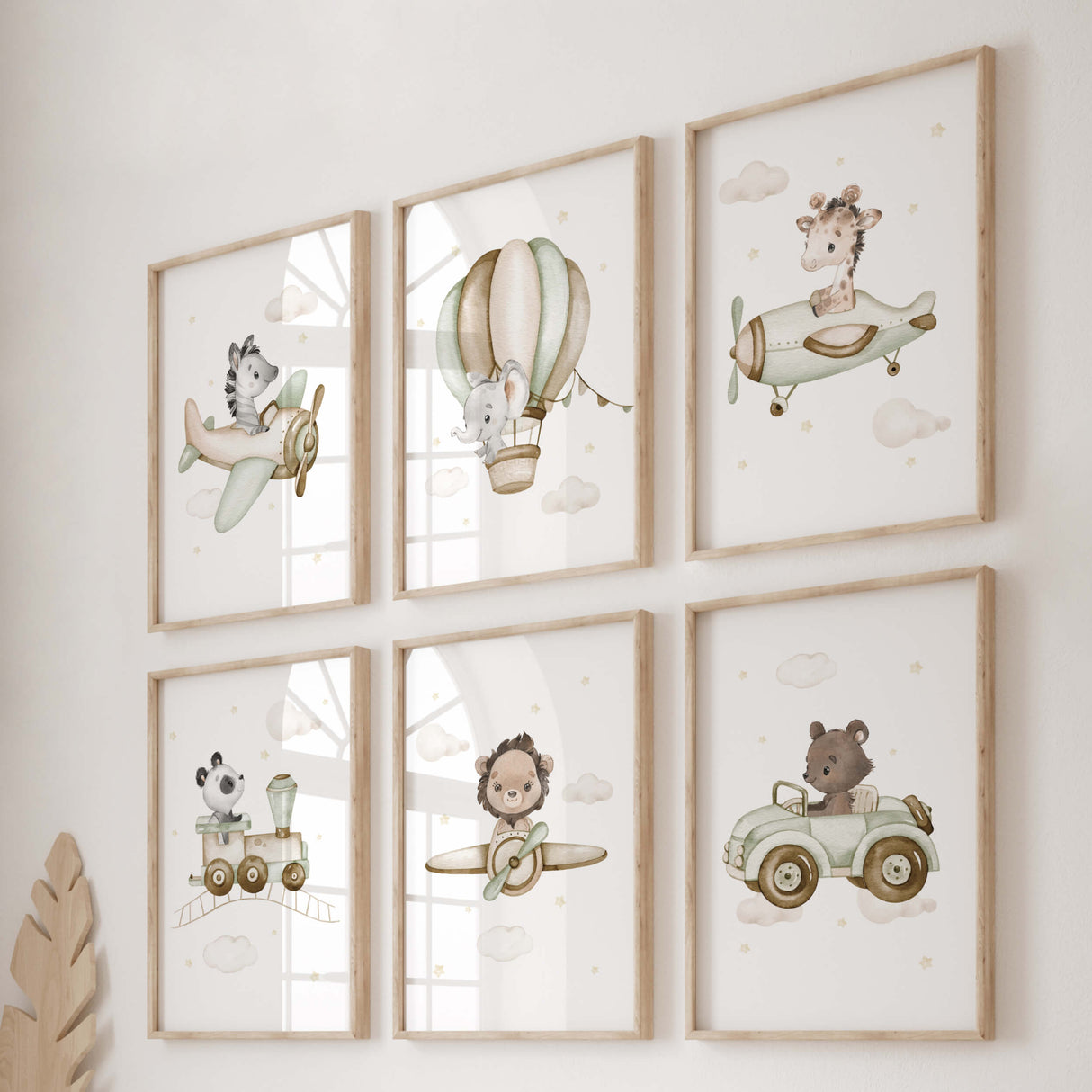 Watercolor safari animals with airplane, helicopter, airship, ship, train, car print for neutral nursery decor, boho nursery decor, boys room decor in sage green, brown, beige colors.