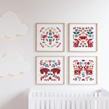 Folk nursery printable with bears, bunny, goose, deer for folk nursery decor.
