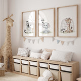 Set of 3 watercolor soccer nursery print with safari animals for toddler room decor and baby boys room decor.