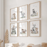 Set of 6 watercolor soccer, football printable with safari animal  for kids room decor.