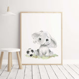 Watercolor elephant print with football for toddler room decor.