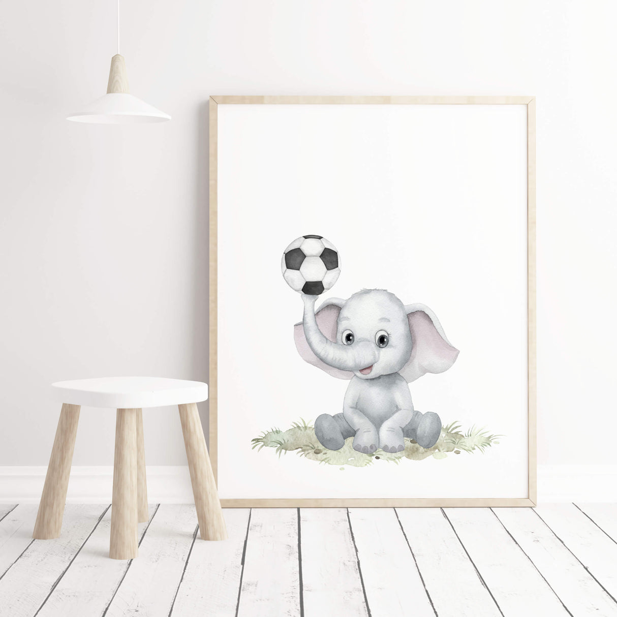 Watercolor football nursery print  with elephant for toddler room decor and baby boys room decor.