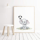 Watercolor football nursery print  with elephant for toddler room decor and baby boys room decor.