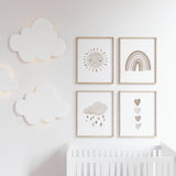Set of 4 watercolor boho nursery print with rainbow, sunshine, rain cloud and hearts in  brown and beige colors for gender neutral  nursery decor and kids decor, baby boys room decor, baby girls room decor, boho nursery decor.