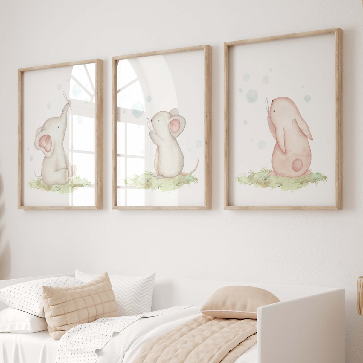 Animals with Bubble Blowers Nursery Prints - Set of 3