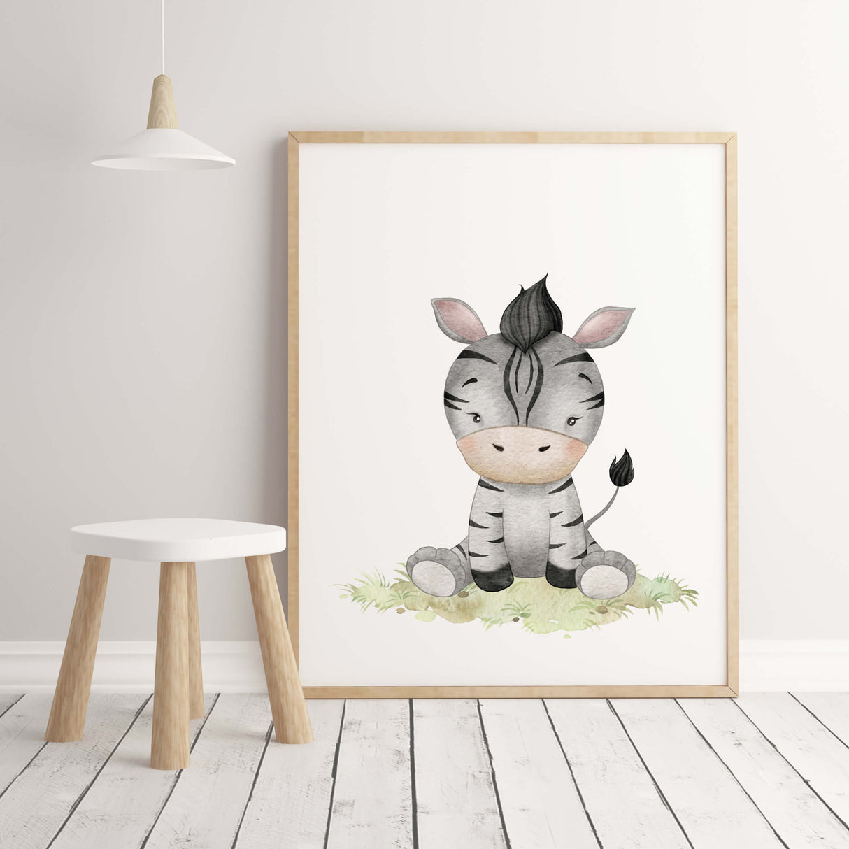 Watercolor safari baby animals with zebra print for gender neutral nursery ideas and decor.