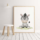 Watercolor safari baby animals with zebra print for gender neutral nursery ideas and decor.