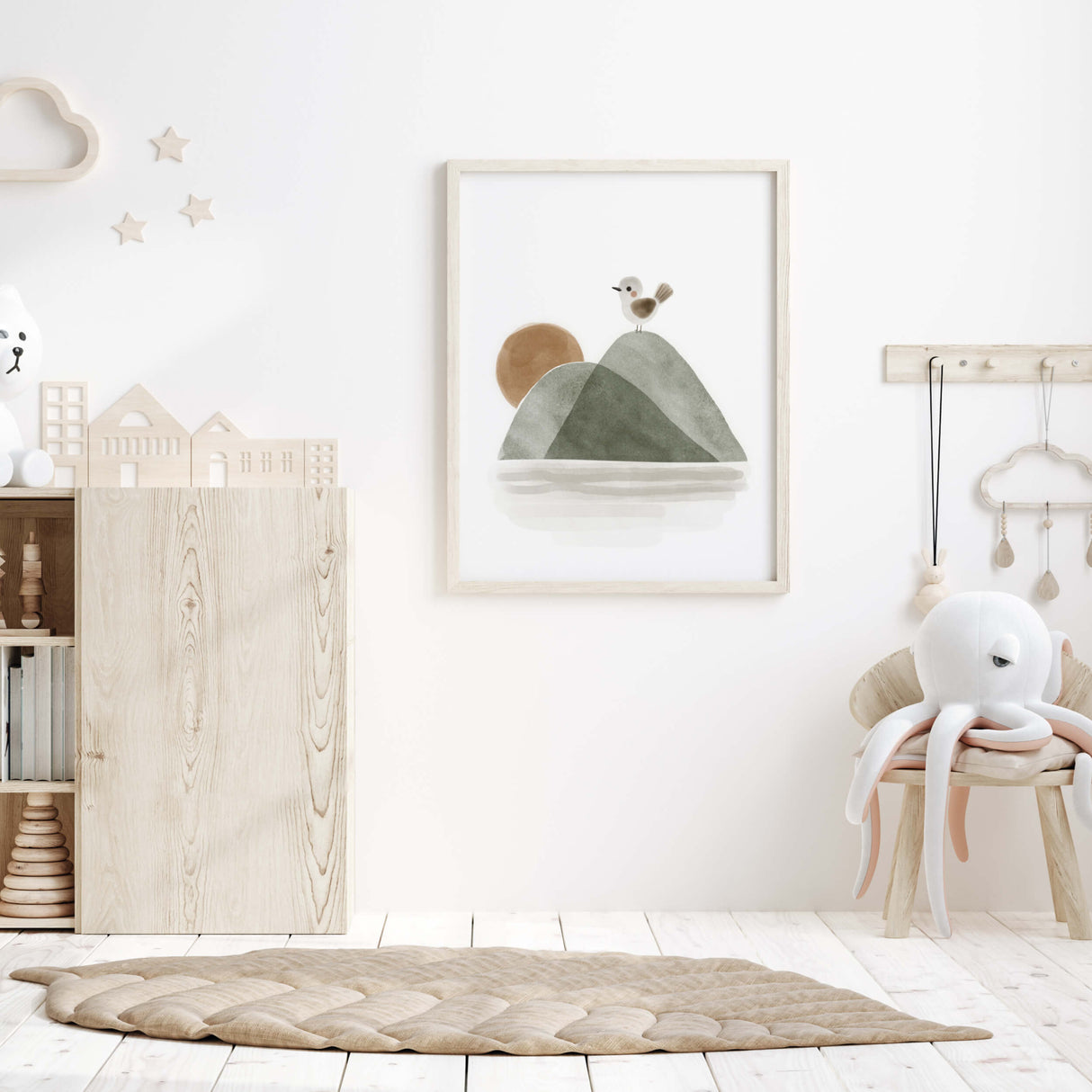 Watercolor boho woodland print with bird and sunrise in sage green, brown, gray for gender neutral nursery decor.