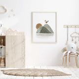 Watercolor boho woodland print with bird and sunrise in sage green, brown, gray for gender neutral nursery decor.