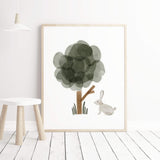 Watercolor woodland nursery print with tree and bunny in sage green, gray,brown color for neutral nursery decor.